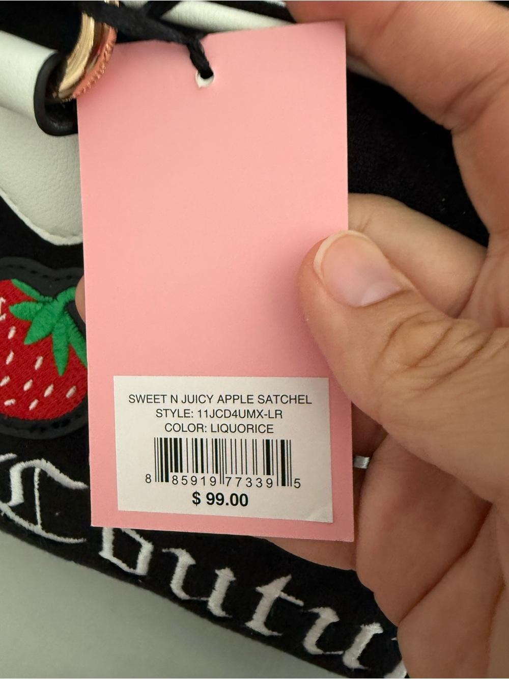 Juicy Couture Black & White Logo Satchel with Red Strawberry Charm - Picture 4 of 9